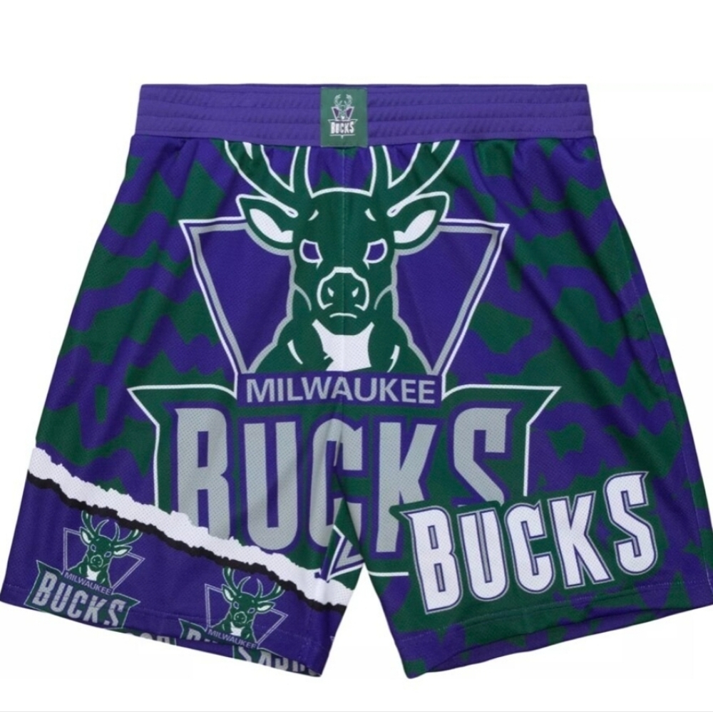 NWT Men's Milwaukee Bucks Mitchell & Ness Purple/Green Jumbotron Sublimated